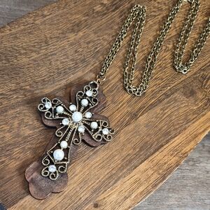 Wooden Cross Pendant Necklace w/ Decorative Metal Filigree Pearls Rhinestones